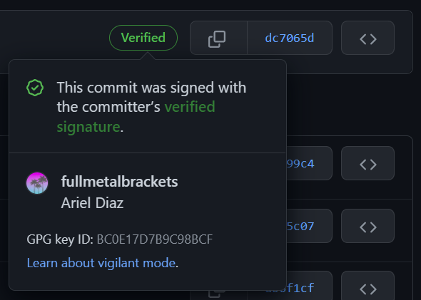 Commit with verified badge in GitHub.