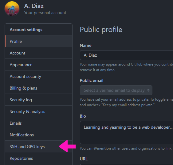 Going to SSH and GPG keys settings in GitHub.