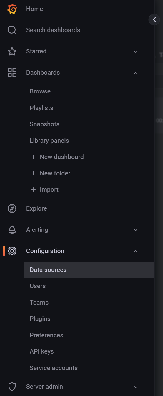 Navigation menu in Grafana.