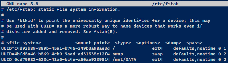 Contents of fstab file.