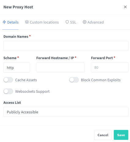 Adding a proxy host in Nginx proxy manager.