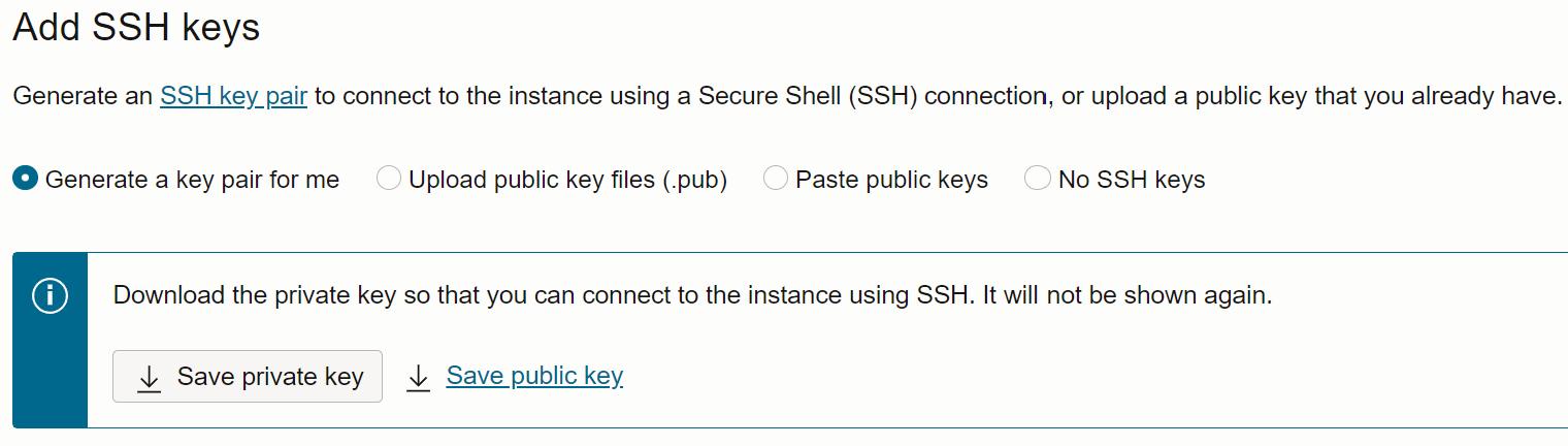 SSH key settings when creating a compute instance in OCI.