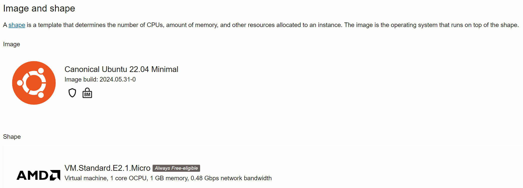 Choosing an Image and Shape while creating a compute instance in OCI.