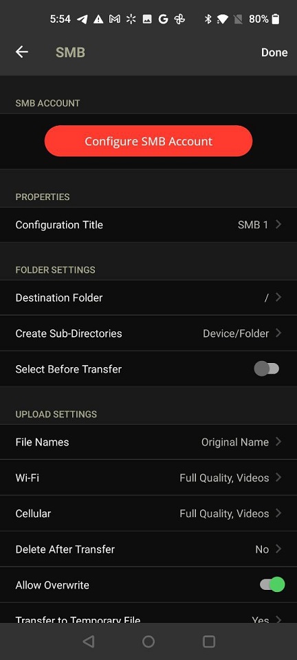 PhotoSync SMB configuration.