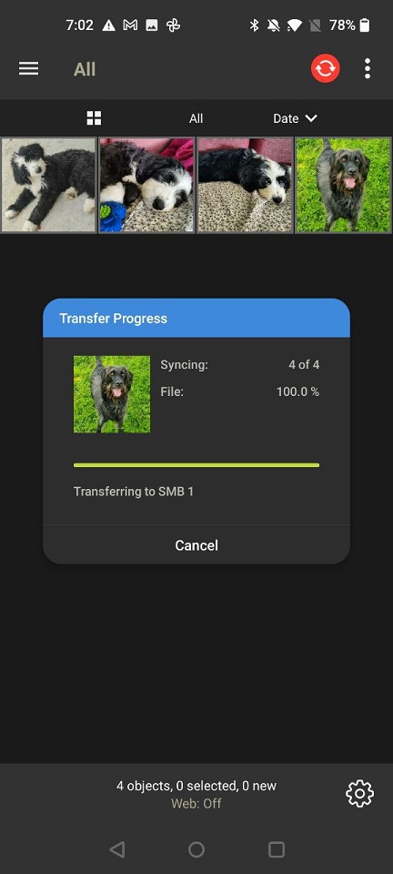 Transfering photos in PhotoSync.