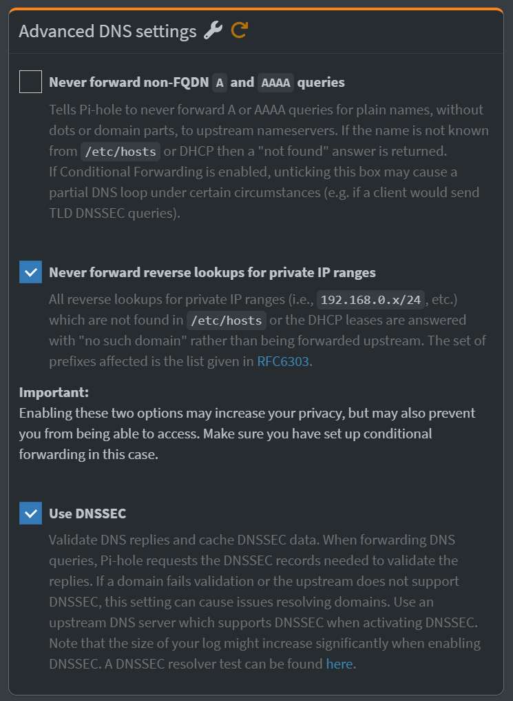 Pi-Hole Advanced DNS settings.