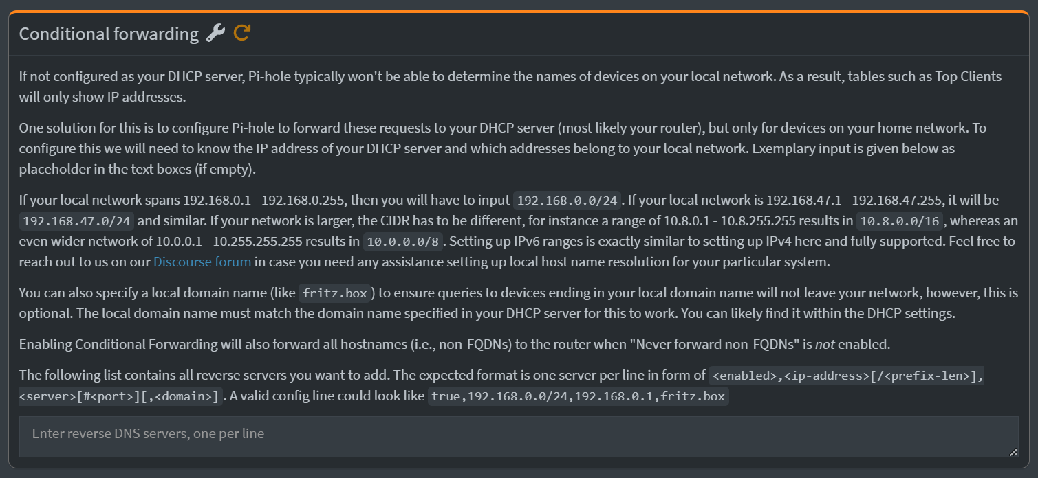 Pi-Hole Conditional Forwarding settings.