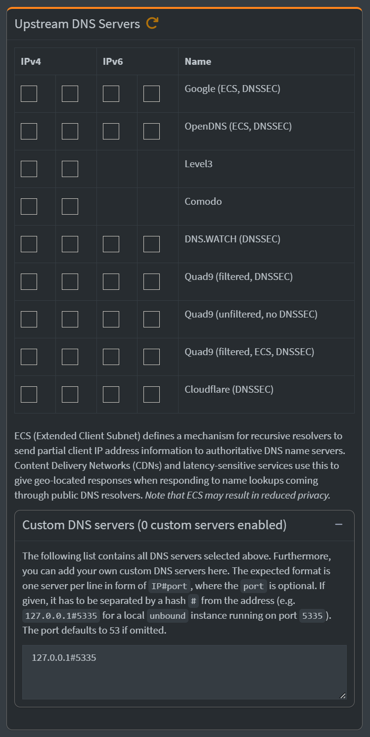 Pi-Hole Upstream DNS Server settings.