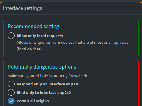 Pi-Hole interface setting.