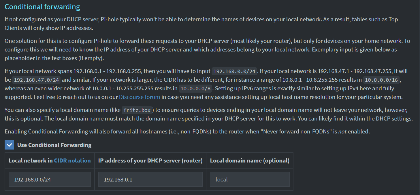 Conditional Forwarding settings.