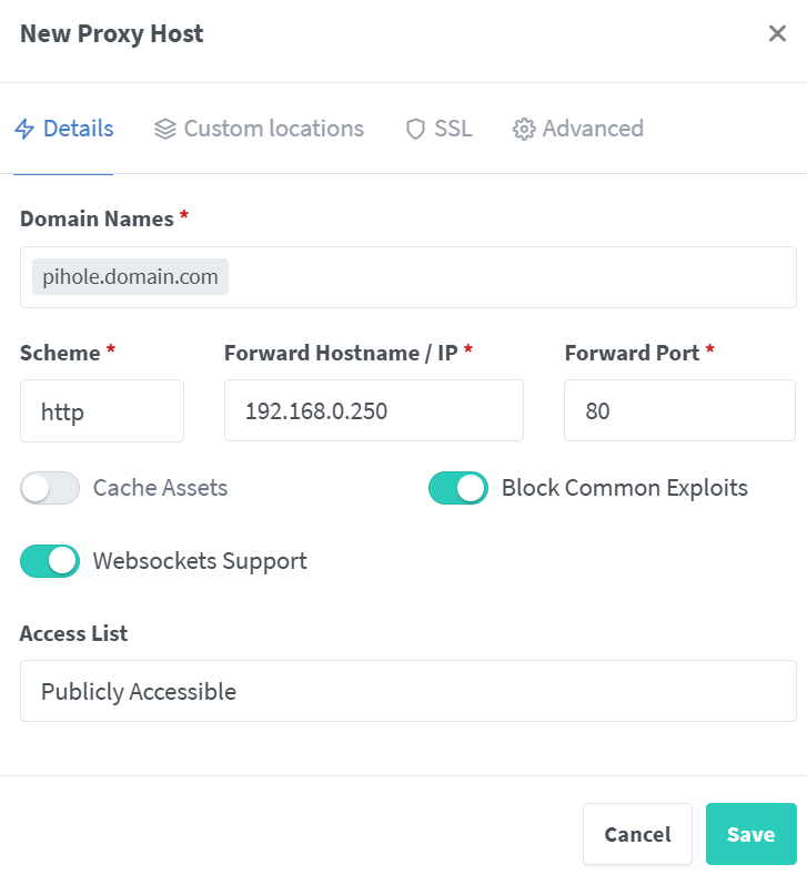 Proxy host settings in Nginx Proxy Manager.