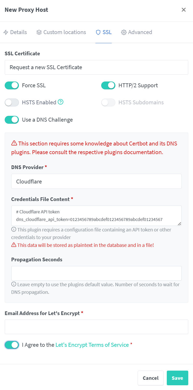 Configuring SSL on proxy host in Nginx Proxy Manager.