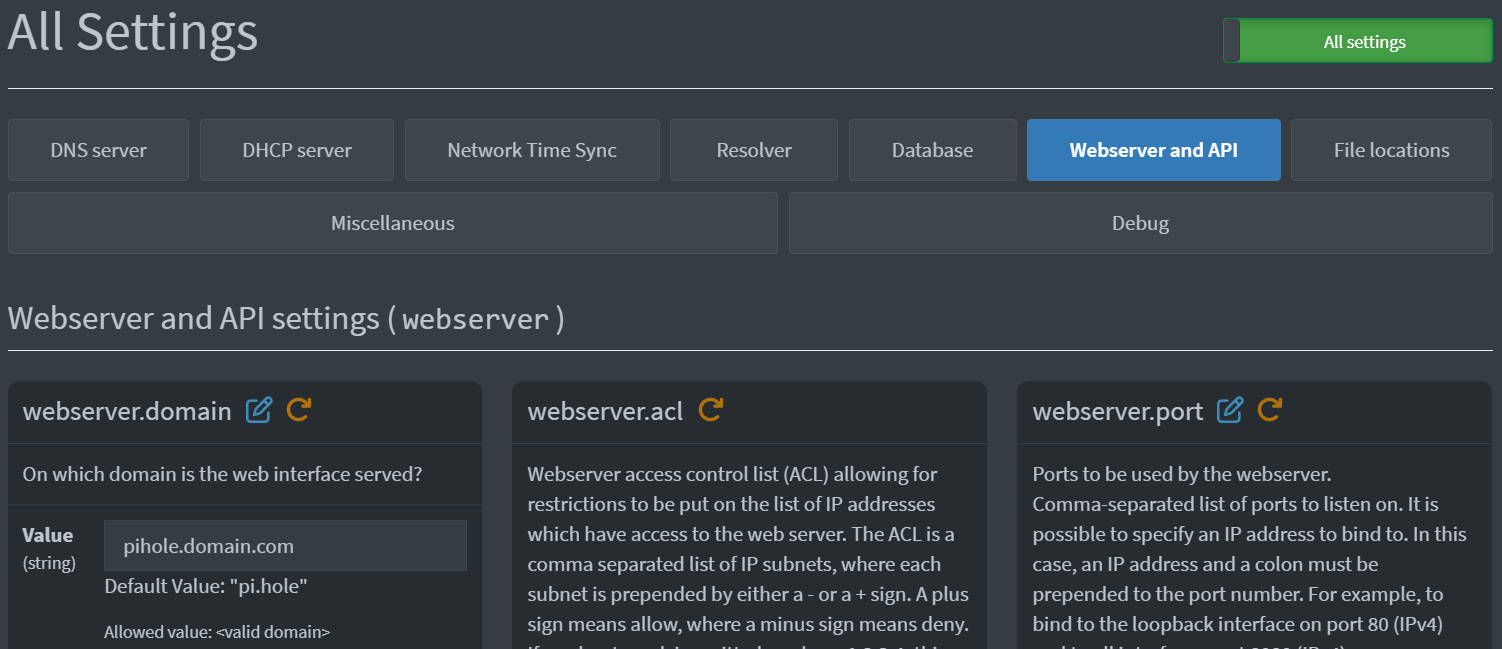 Setting a custom webserver domain in Pi-Hole.