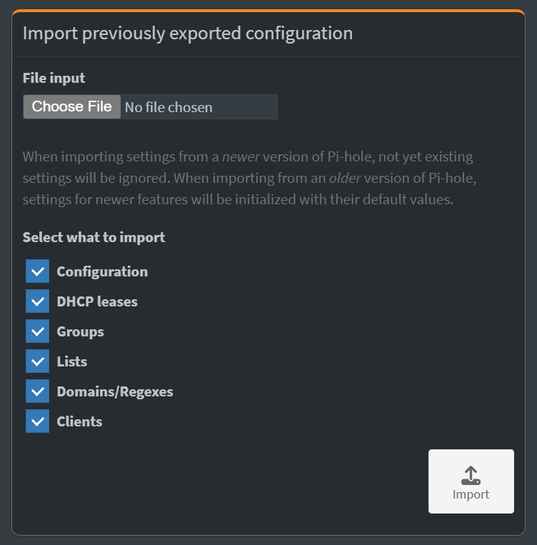 Import a Pi-Hole configuration.