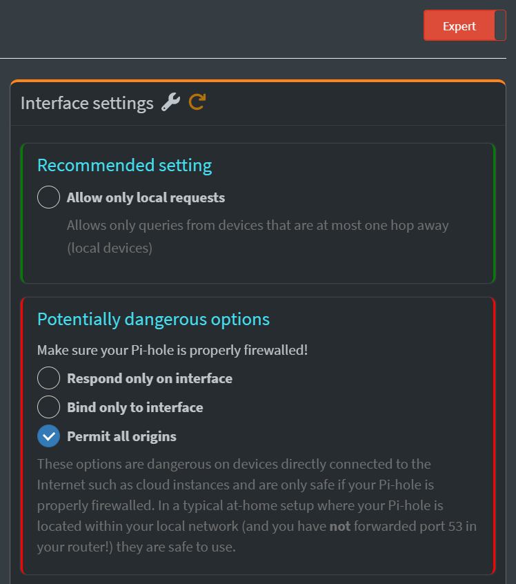 Setting Pi-Hole interface to permit all origins.