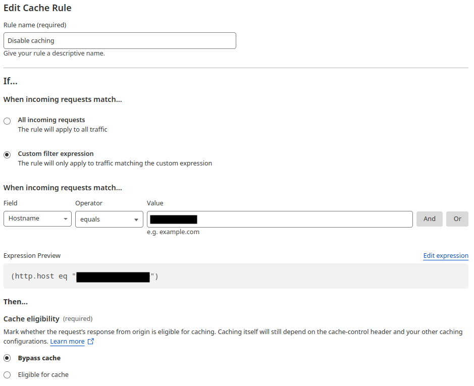 Creating cache rule to bypass CDN caching.