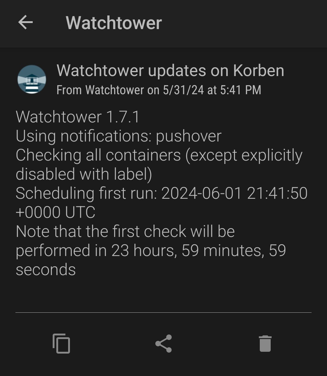 Initial Watchtower notification confirming Pushover is working.