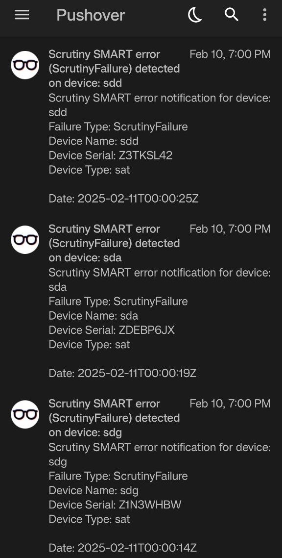 Scrutiny notifications about specific drive errors via Pushover.