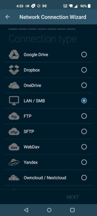 Network Connection Wizard in Solid Explorer.