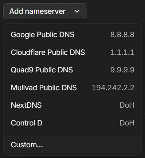 Adding a custom nameserver in Tailscale admin console.