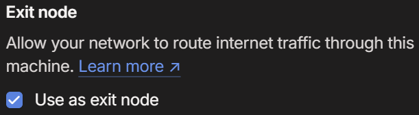 Enabling exit node in Tailscale admin console.