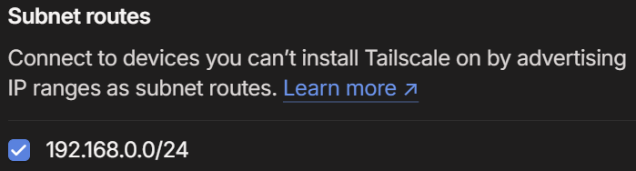 Enabling subnets in Tailscale admin console.