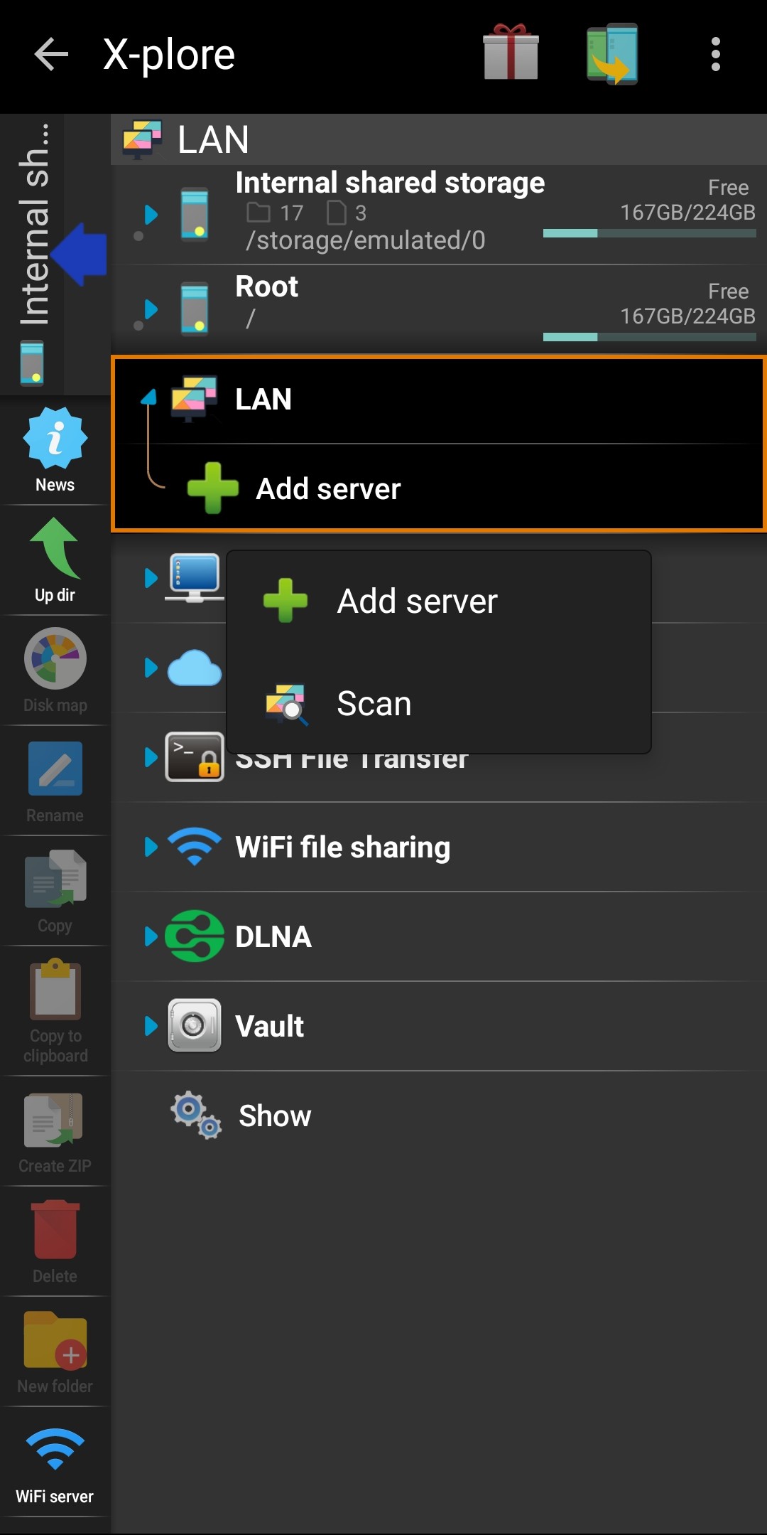 Discovered network shares in X-plore File Manager.