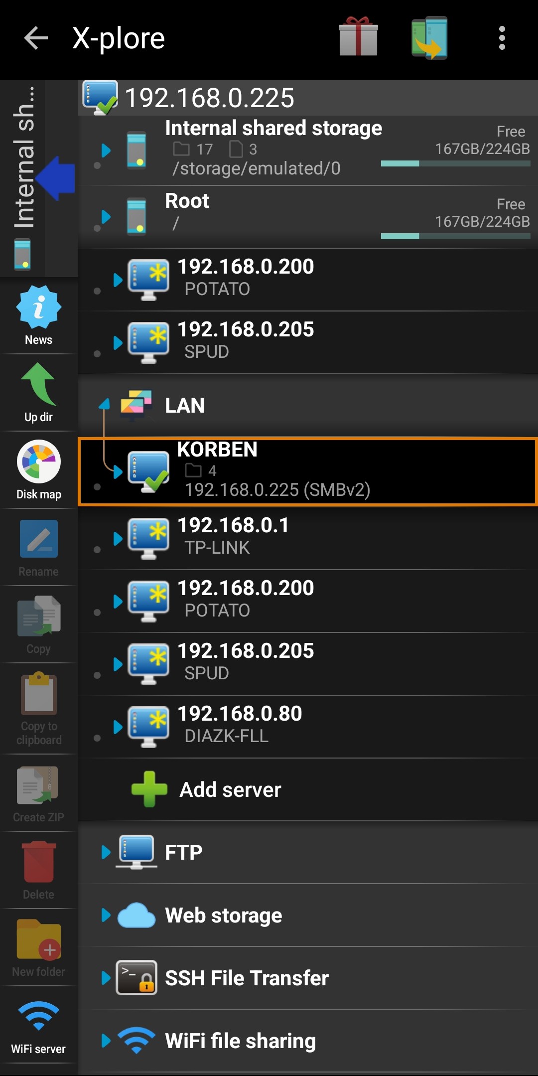 Server network shares in X-plore File Manager.