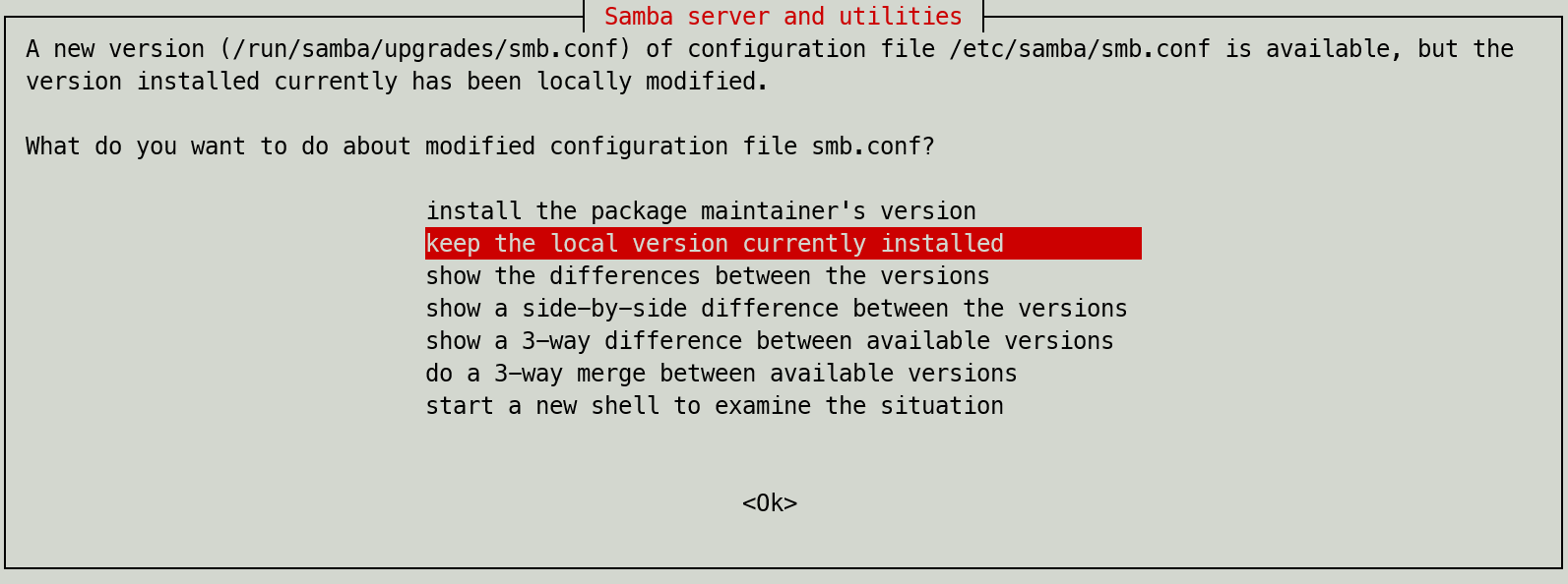 Prompt asking which version of SMB config file to keep.